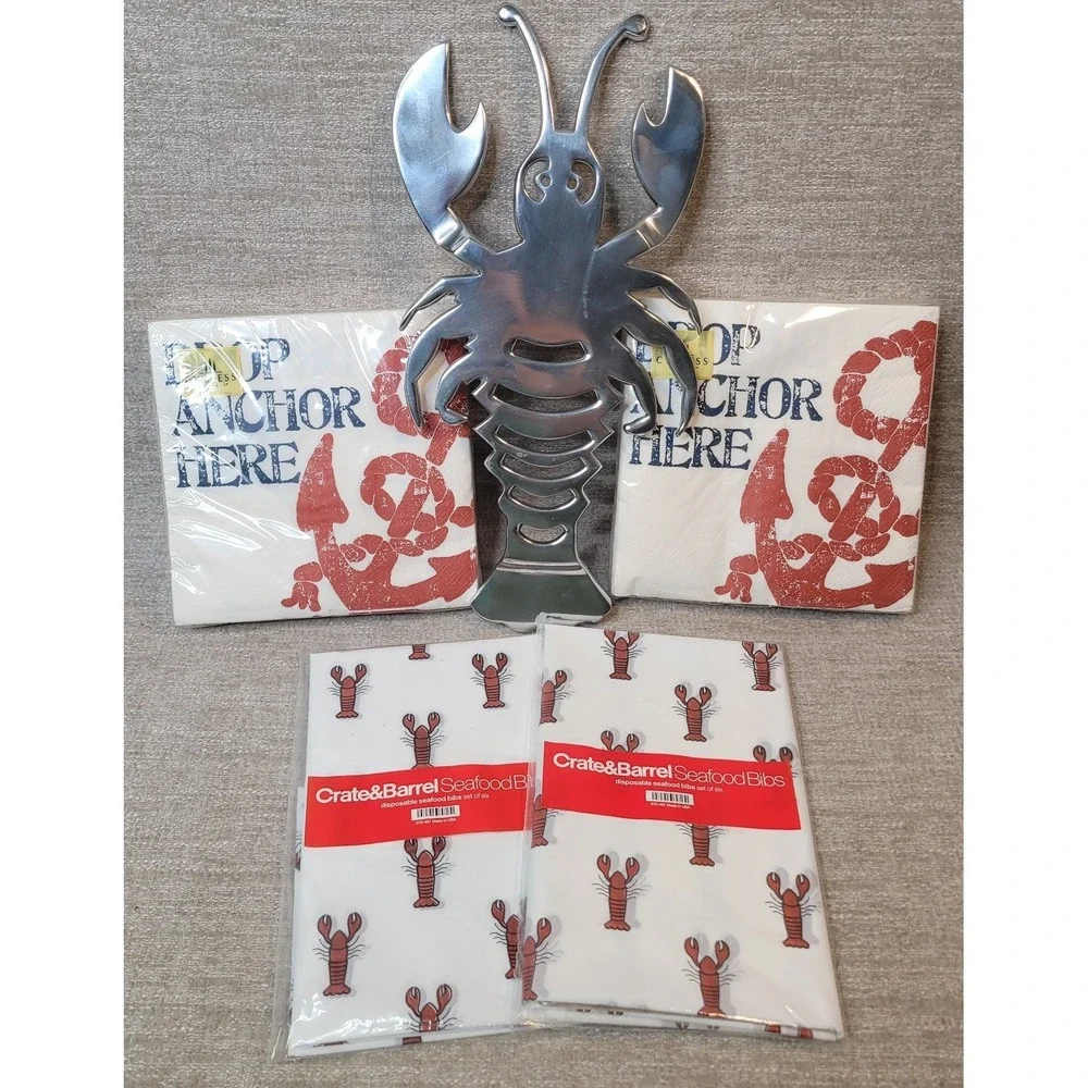 Lobster Fest Crate‎ & Barrel Bibs, Lobster Trivet & Drop Anchor Here Napkins NEW
